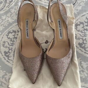 Manolo Blahnik Rose Gold Glitter Slingback Pumps